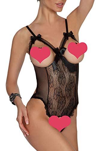 AIBINGGE Lingerie for Women Sexy Teddy One-Piece Lace Babydoll Bodysuit Nightie Plus Size(Black,M)