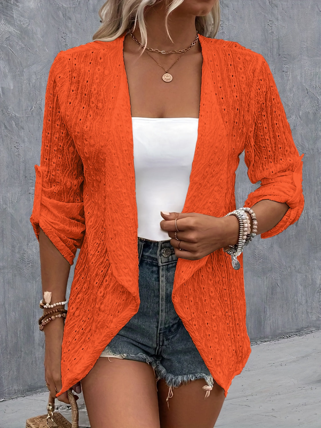 Eyelet Roll-Tab Sleeve Cardigan