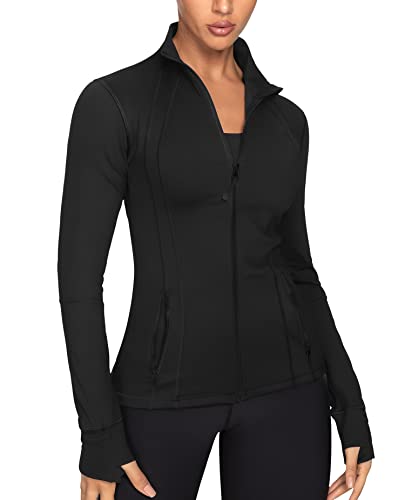 GYM RAINBOW Women's Lightweight Running Jackets Cottony-Soft 4-Way Stretch Zip up Slim Fit Workout Yoga Athletic Jacket(A-Black,Small)