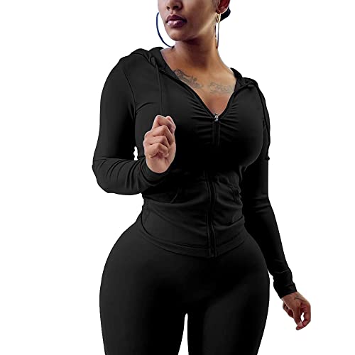 PINSV Women Two Piece Outfits Workout Sets Bodycon Tracksuit Long Sleeve Zip Up Hoodie Jacket Jogger Matching Sweat Pants Set Black L