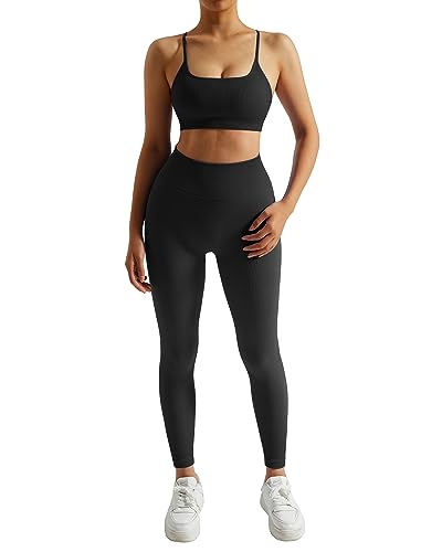 RXRXCOCO Ribbed Workout Sets for Women 2 Piece Backless Strappy Sports Bra Seamless Leggings Matching Set Yoga Outfits Black Small