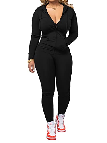 PINSV Women Two Piece Outfits Workout Sets Bodycon Tracksuit Long Sleeve Zip Up Hoodie Jacket Jogger Matching Sweat Pants Set Black L