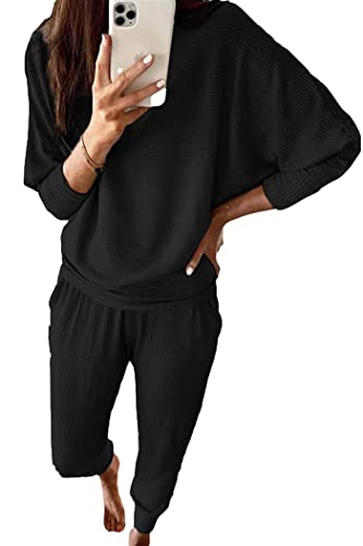 PRETTYGARDEN Women's 2023 Fall Fashion Outfits 2 Piece Sweatsuit Solid Color Long Sleeve Pullover Long Pants (Black,Large)