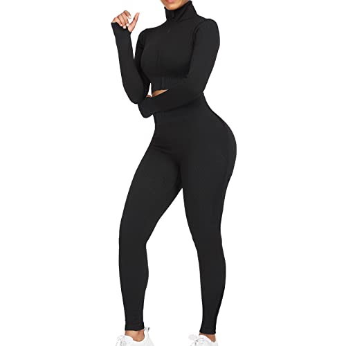 FeelinGirl Workout Sets for Women-2 Piece Seamless Yoga Outfit High Waist Leggings Crop Top Gym Sets Black