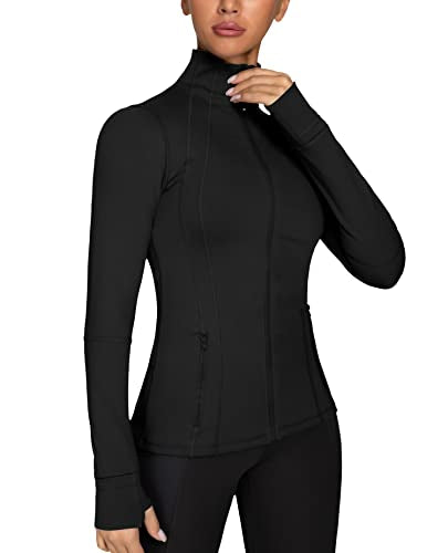 GYM RAINBOW Women's Lightweight Running Jackets Cottony-Soft 4-Way Stretch Zip up Slim Fit Workout Yoga Athletic Jacket(A-Black,Small)