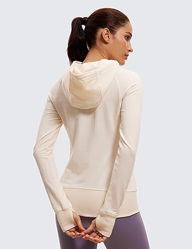 CRZ YOGA Women's Full Zip Hooded Sweatshirts Workout Sweat Jackets Slim Fit Running Track Hoodies with Thumbholes White Apricot Medium