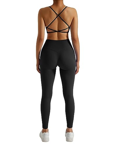 RXRXCOCO Ribbed Workout Sets for Women 2 Piece Backless Strappy Sports Bra Seamless Leggings Matching Set Yoga Outfits Black Small