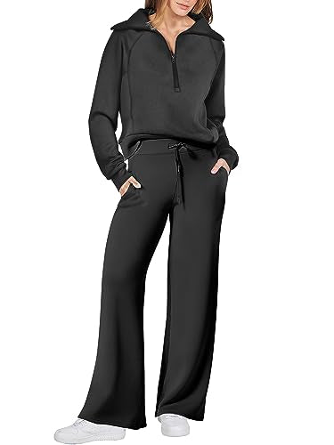 ANRABESS Women 2 Piece Outfits Sweatsuit Set 2023 Fall Trendy Oversized Quarter Half Zip Sweatshirt Wide Leg Sweatpant Lounge Matching Set Athletic Tracksuit Travel Clothes Set 1088heise-M