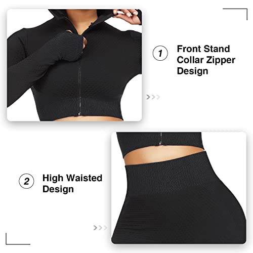 FeelinGirl Workout Sets for Women-2 Piece Seamless Yoga Outfit High Waist Leggings Crop Top Gym Sets Black