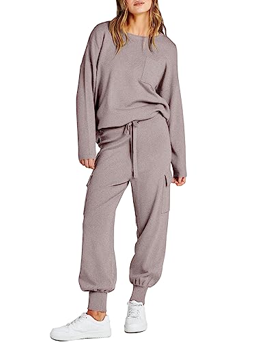 Caracilia Women's Two Piece Outfits Sweater Sets Long Sleeve Knit Pullover and Cargo Pants Lounge Sets 2023 Fall Fashion Clothes Tracksuit Sweatsuit Set C115A6-huakaqi-M Khaki