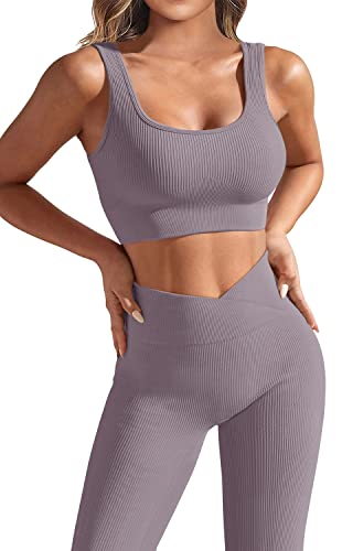 JZC Ribbed Workout Outfits for Women 2 Piece Seamless Cross Workout Leggings Yoga Leggings Sets Gray Purple X-Small