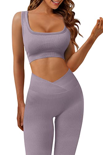 JZC Ribbed Workout Outfits for Women 2 Piece Seamless Cross Workout Leggings Yoga Leggings Sets Gray Purple X-Small