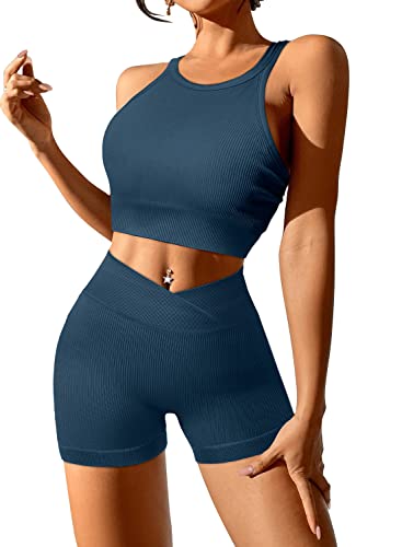 JZC Ribbed Workout Outfits for Women 2 Piece Seamless Sport Bra High Waist Yoga Leggings Sets Blue Grey Large