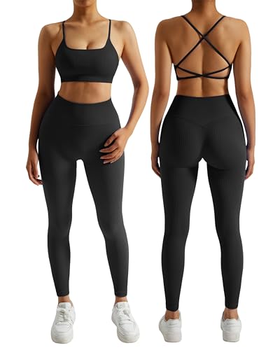 RXRXCOCO Ribbed Workout Sets for Women 2 Piece Backless Strappy Sports Bra Seamless Leggings Matching Set Yoga Outfits Black Small