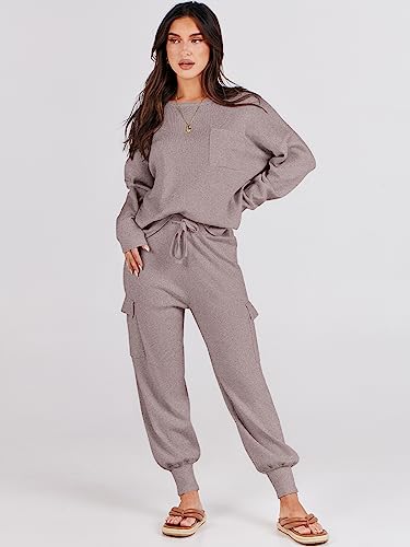 Caracilia Women's Two Piece Outfits Sweater Sets Long Sleeve Knit Pullover and Cargo Pants Lounge Sets 2023 Fall Fashion Clothes Tracksuit Sweatsuit Set C115A6-huakaqi-M Khaki