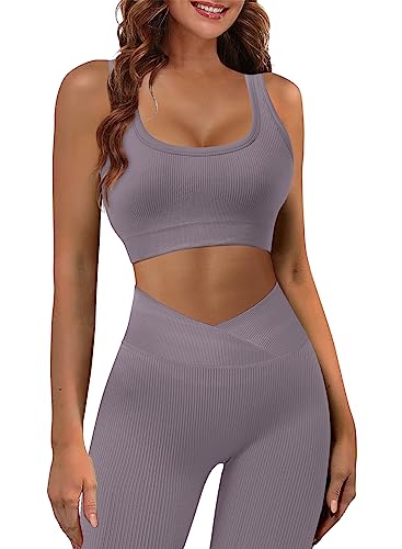 JZC Ribbed Workout Outfits for Women 2 Piece Seamless Cross Workout Leggings Yoga Leggings Sets Gray Purple X-Small