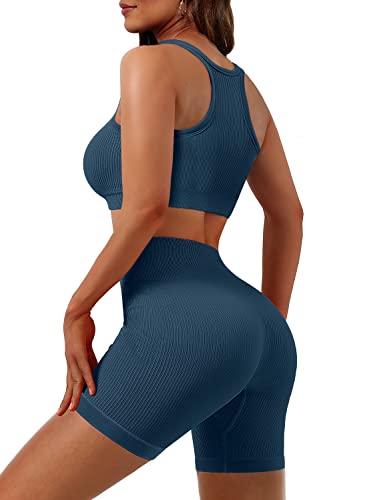 JZC Ribbed Workout Outfits for Women 2 Piece Seamless Sport Bra High Waist Yoga Leggings Sets Blue Grey Large