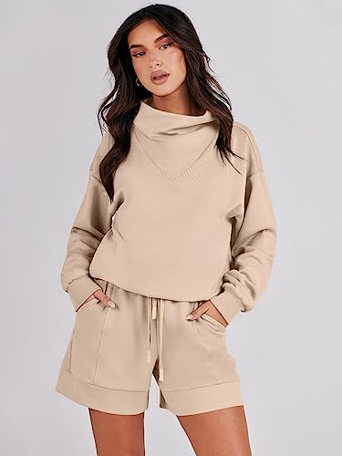 Caracilia Sweat Suits for Womens 2 Piece - Loose Cowl Neck Long Sleeve Pullover Sweatshirt & Sweatshorts Cute Casual Lounge Matching Jogger Sets Fall Outfits Aesthetic Teen Girl ClothesC112A6kaqi-M