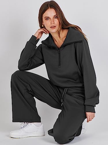 ANRABESS Women 2 Piece Outfits Sweatsuit Set 2023 Fall Trendy Oversized Quarter Half Zip Sweatshirt Wide Leg Sweatpant Lounge Matching Set Athletic Tracksuit Travel Clothes Set 1088heise-M