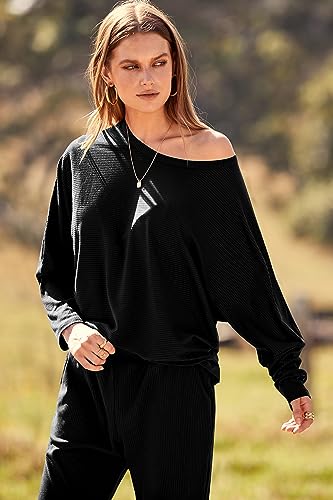 PRETTYGARDEN Women's 2023 Fall Fashion Outfits 2 Piece Sweatsuit Solid Color Long Sleeve Pullover Long Pants (Black,Large)