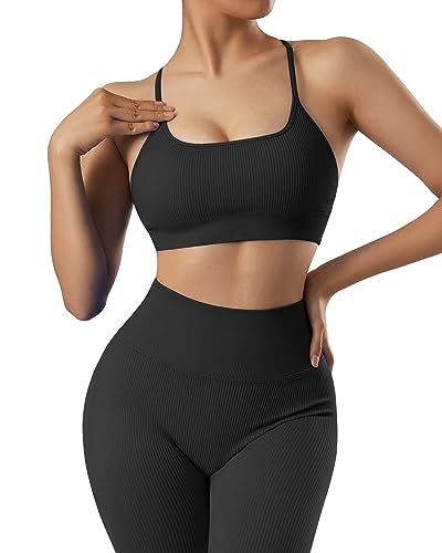 RXRXCOCO Ribbed Workout Sets for Women 2 Piece Backless Strappy Sports Bra Seamless Leggings Matching Set Yoga Outfits Black Small