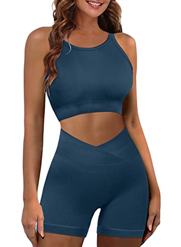 JZC Ribbed Workout Outfits for Women 2 Piece Seamless Sport Bra High Waist Yoga Leggings Sets Blue Grey Large