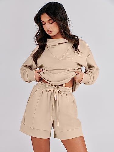 Caracilia Sweat Suits for Womens 2 Piece - Loose Cowl Neck Long Sleeve Pullover Sweatshirt & Sweatshorts Cute Casual Lounge Matching Jogger Sets Fall Outfits Aesthetic Teen Girl ClothesC112A6kaqi-M