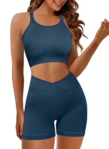 JZC Ribbed Workout Outfits for Women 2 Piece Seamless Sport Bra High Waist Yoga Leggings Sets Blue Grey Large