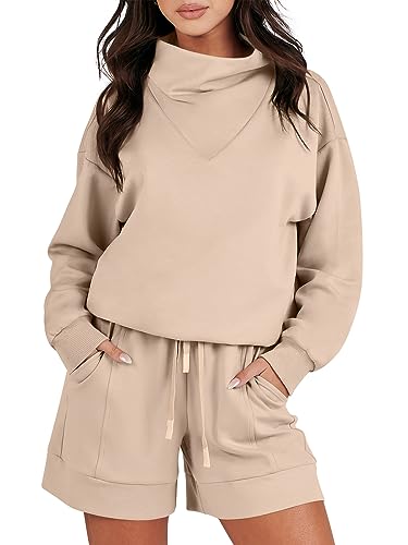 Caracilia Sweat Suits for Womens 2 Piece - Loose Cowl Neck Long Sleeve Pullover Sweatshirt & Sweatshorts Cute Casual Lounge Matching Jogger Sets Fall Outfits Aesthetic Teen Girl ClothesC112A6kaqi-M