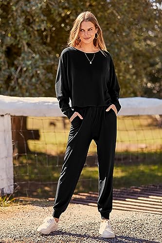 PRETTYGARDEN Women's 2023 Fall Fashion Outfits 2 Piece Sweatsuit Solid Color Long Sleeve Pullover Long Pants (Black,Large)