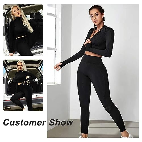 FeelinGirl Workout Sets for Women-2 Piece Seamless Yoga Outfit High Waist Leggings Crop Top Gym Sets Black