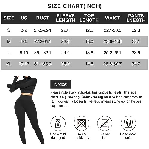 FeelinGirl Workout Sets for Women-2 Piece Seamless Yoga Outfit High Waist Leggings Crop Top Gym Sets Black