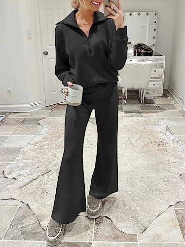 ANRABESS Women 2 Piece Outfits Sweatsuit Set 2023 Fall Trendy Oversized Quarter Half Zip Sweatshirt Wide Leg Sweatpant Lounge Matching Set Athletic Tracksuit Travel Clothes Set 1088heise-M