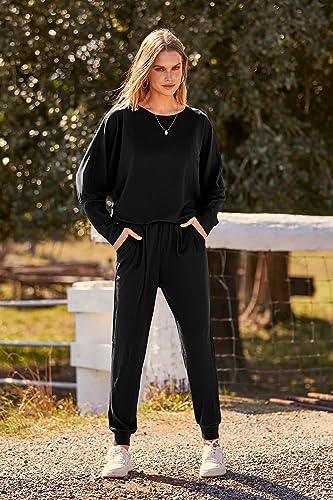 PRETTYGARDEN Women's 2023 Fall Fashion Outfits 2 Piece Sweatsuit Solid Color Long Sleeve Pullover Long Pants (Black,Large)