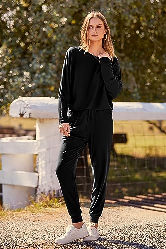 PRETTYGARDEN Women's 2023 Fall Fashion Outfits 2 Piece Sweatsuit Solid Color Long Sleeve Pullover Long Pants (Black,Large)