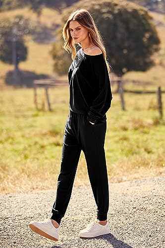 PRETTYGARDEN Women's 2023 Fall Fashion Outfits 2 Piece Sweatsuit Solid Color Long Sleeve Pullover Long Pants (Black,Large)